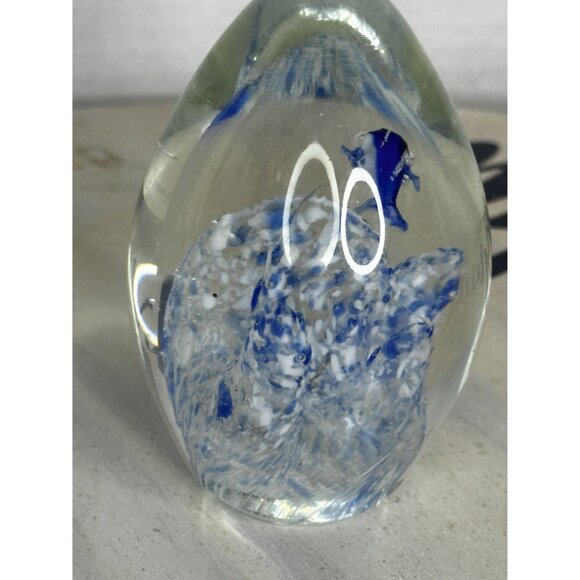 Handcrafted Glass Paperweight With Blue Fish & White Accents - Picture 2 of 11